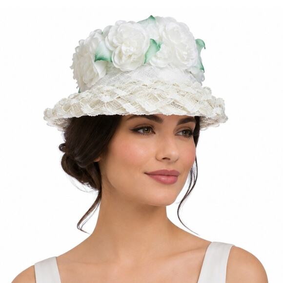 Vintage 60s White Floral Bucket Hat Lace Chiffon Union Label display picture 3
